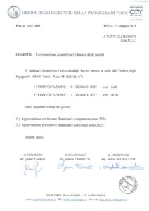 Convocazione Assemblea Ordinaria per approvazione Rendiconto finanziario anno 2024 e Preventivo finanziario anno 2025